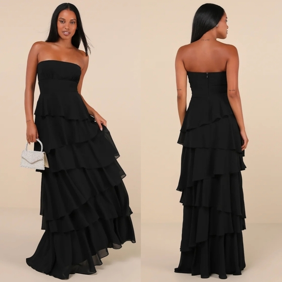 Lulus Gorgeous Essence Black Strapless Tiered Maxi Dress Wedding Party Formal - Picture 1 of 8